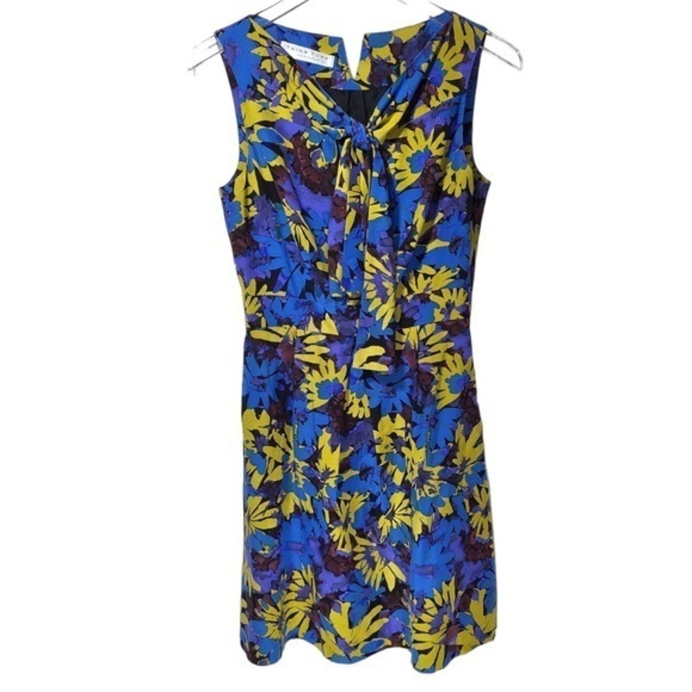 Trina Turk Tropical Print Sleeveless Neck Tie Mini Dress in Blue Multicolor